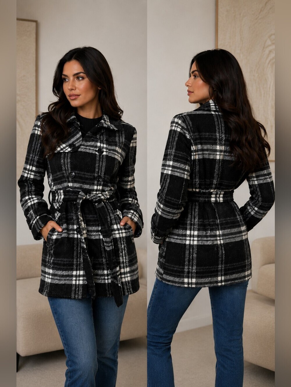 DKNY Black White Plaid Belted Wool Blend Coat Jacket L